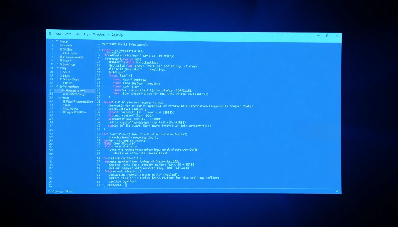 Visually engaging graphic of a Windows application interface referencing https://32win.show/ with code and system controls for developers.
