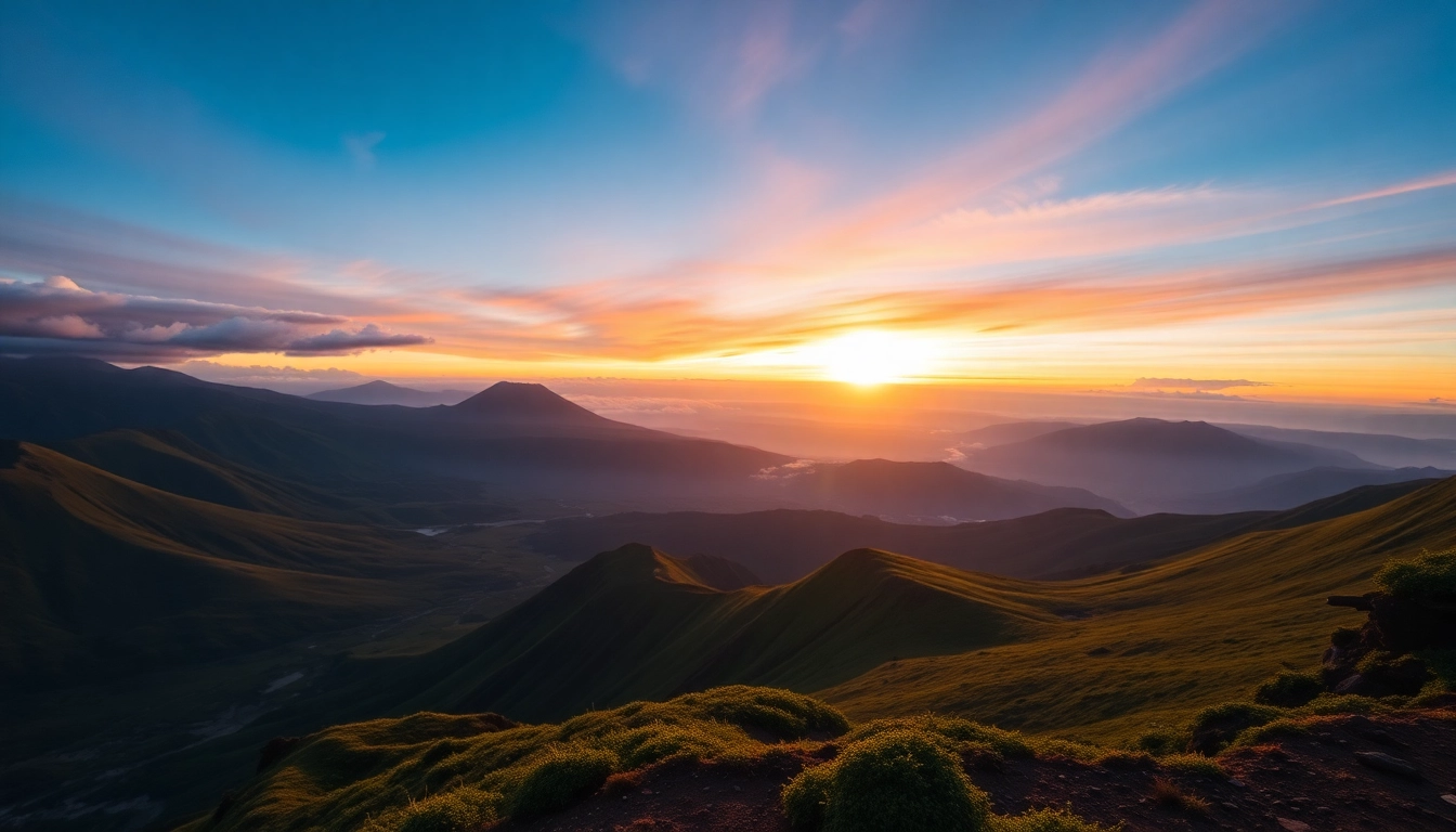 Hikers admire the sunrise at Mt. Rinjani's summit with sweeping views of the volcanic landscape.