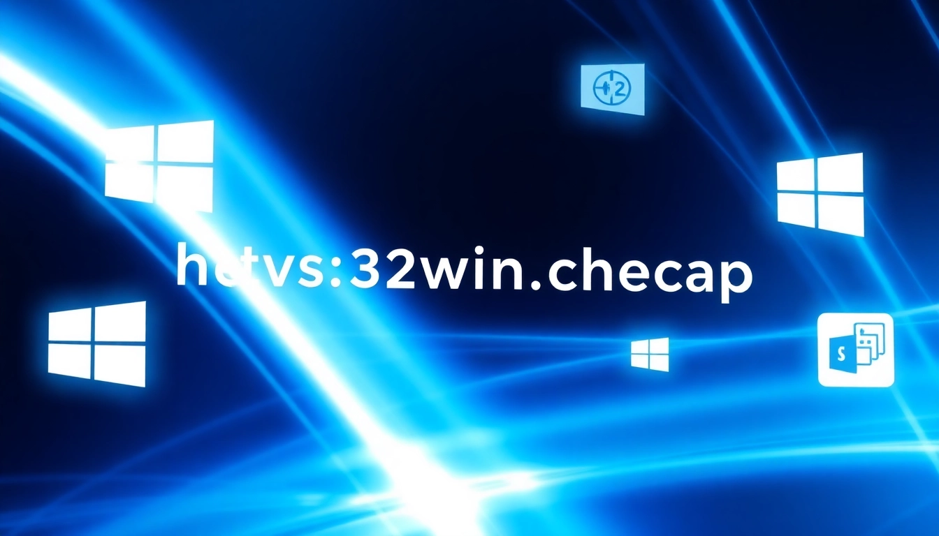 The https://32win.cheap website with modern UI elements highlighting Windows tools and digital connectivity for troubleshooting and downloads.