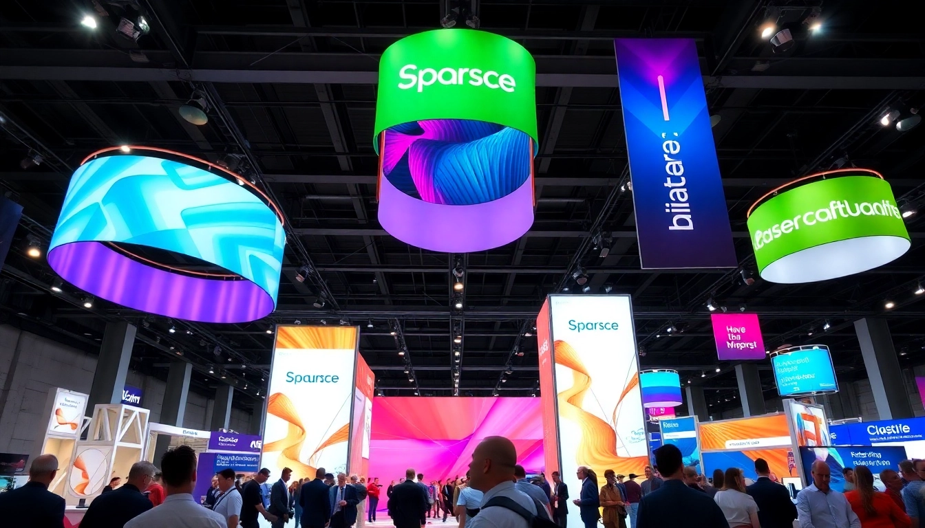 Tradeshow displays with vibrant signage and modern design attracting attendees at a busy event