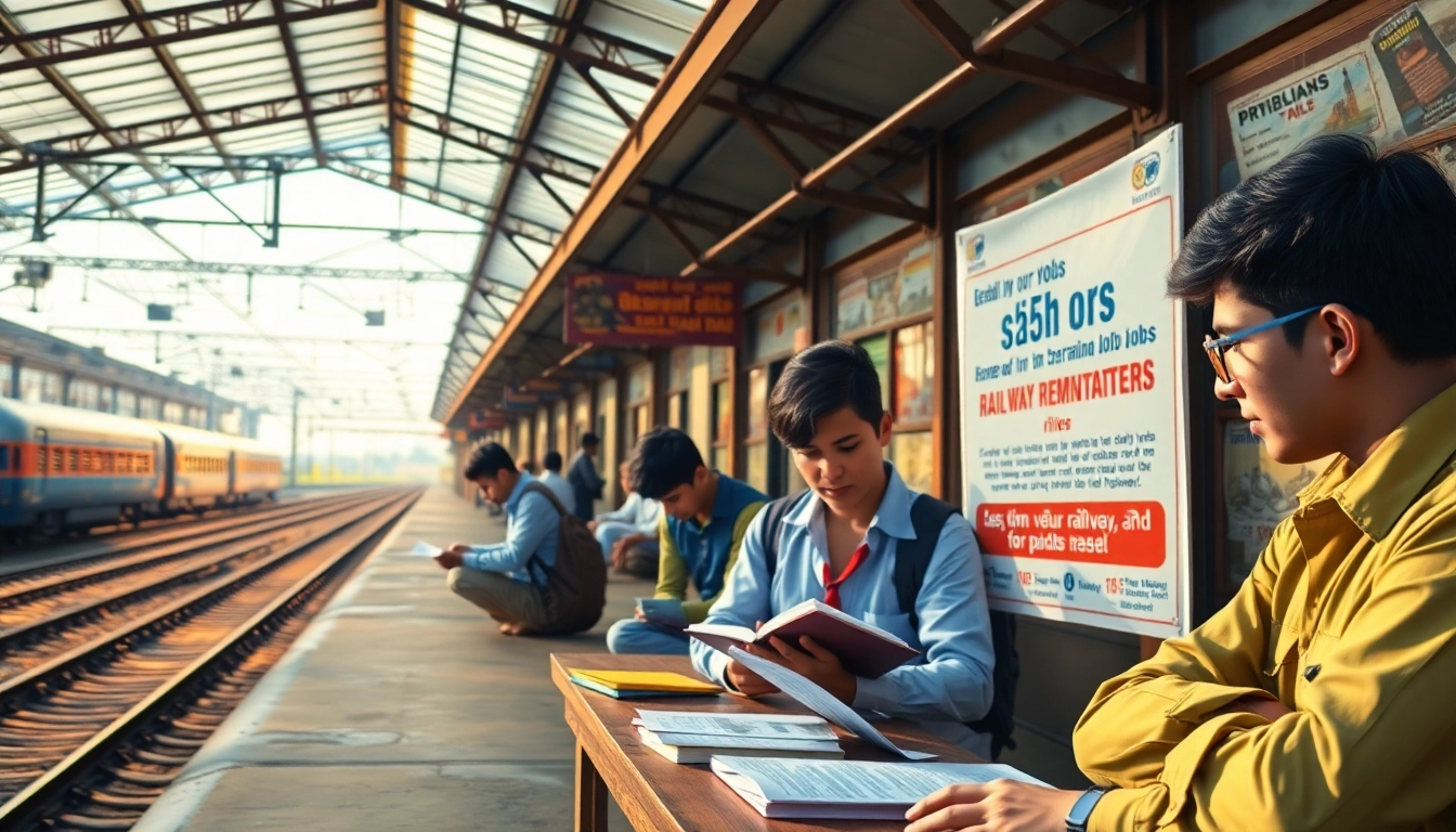 Railway jobs recruitment exam preparation scene with aspirants and railway station background,