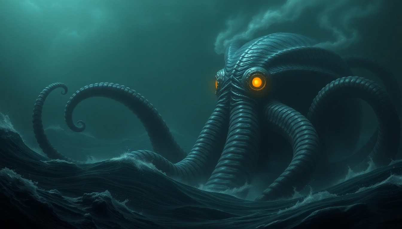 The keyword featured as a mysterious giant squid wrapping around a ship in a deep ocean scene,