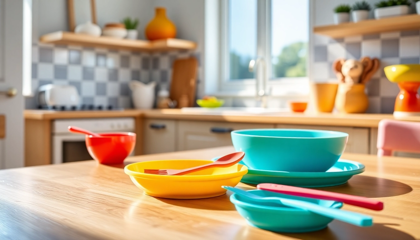 Safe silicone baby tableware set with colorful plates and utensils for easy feeding and safety