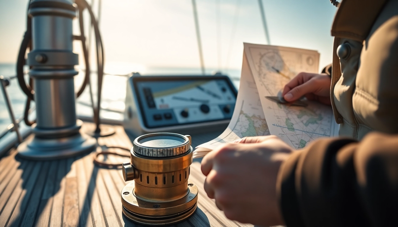 Professional sailor performing Boots Versegelung with navigation tools on a boat deck for