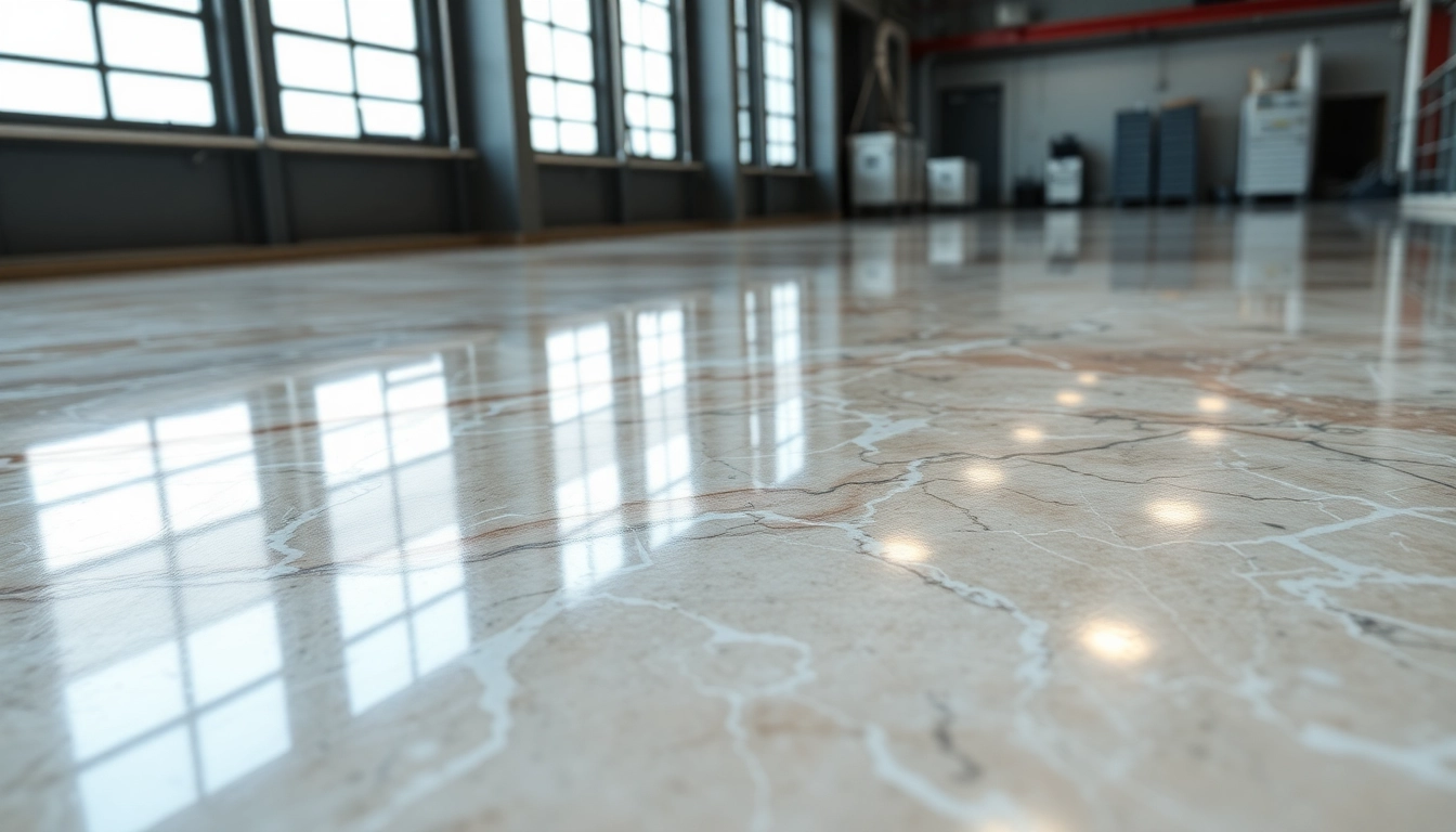 Professional epoxy resin floor coating showcasing a sleek, durable finish with a marble look,